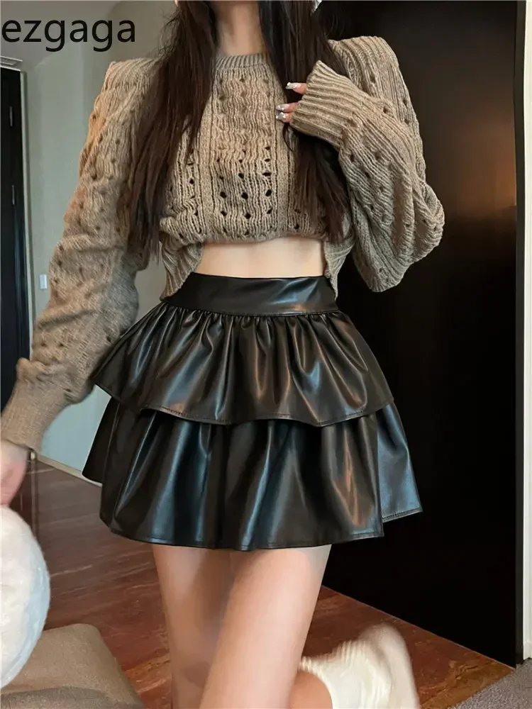 gaga seksowne spódnice damskie PU skóra wysokiej talii solidna jesienno-zimowa Moto Biker Ruffles bufiasta warstwowa podkoszulek damska mini
