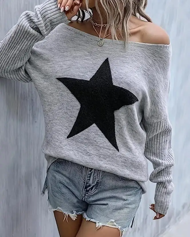 

Женский Повседневный свитер со звездами и круглым вырезом, новые осенние женские модные свободные пуловеры с длинным рукавом