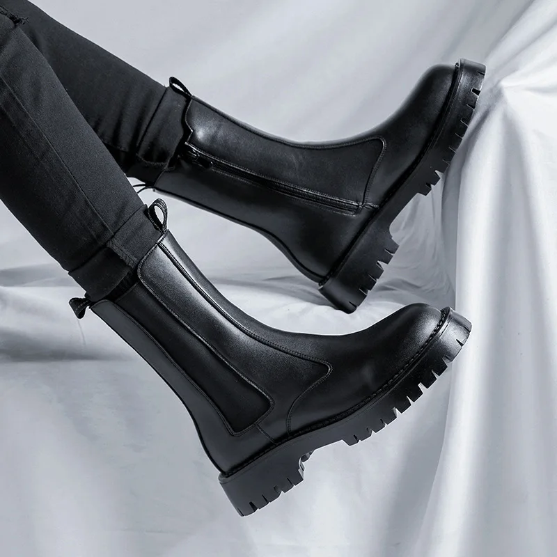 Мужские модные высокие дымовые ботинки черная обувь из натуральной кожи