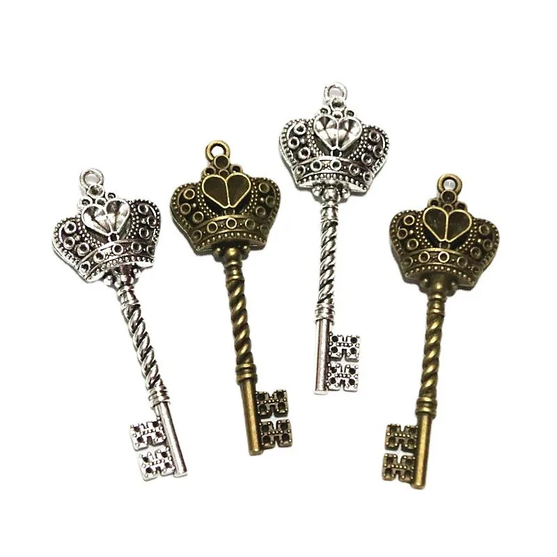 14Pcs 20*61MM Antique Silver Plated Bronze Color Crown Key Charms Pendant Handmade DIY Jewelry Accessories