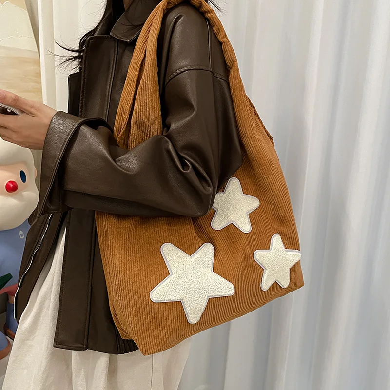 

Five pointed Star Commuter Shoulder Bag Japanese Academy Girls Corduroy Tote Bag Classroom Bag Women's Handbag