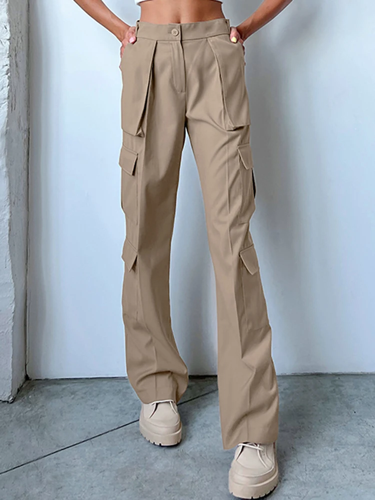 

Ladies Casual Cargo Pants Autumn New High Waist Multiple Pocket Fashion Simple Straight Trousers Women Khaki Wide Leg Pant 2022