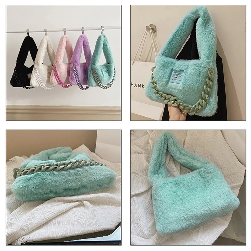 Fashion Plush Tote Bags Big Chains Women's Bag 2022 Trend Soft Fluffy Female Bag Winter Furry Handbag Designer Fur Shoulder Bag