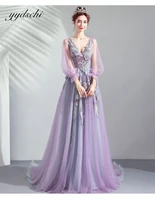 2022 puff long sleeves prom dresses elegant purpletulle lace up appliques evening dress for women praty gown robes de soir%c3%a9e