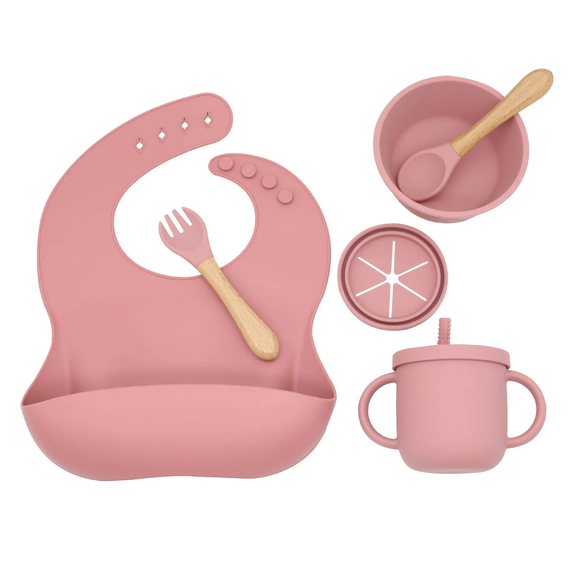 

Silicone Tableware Children Snack Cup Baby Silicone Bib Integrated Rice Bowl Supplementary Food Feeding Set