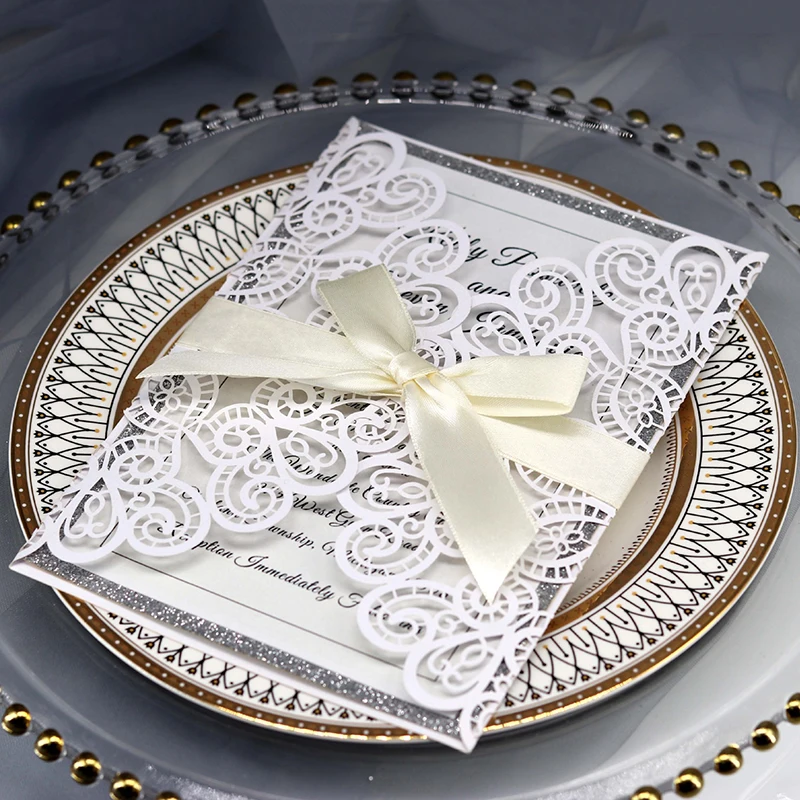 

25pcs Wedding Invitations Laser Cut Personalized with Ribbon Envelope for Mother's Day Birthday Thank You Card Party Supplies