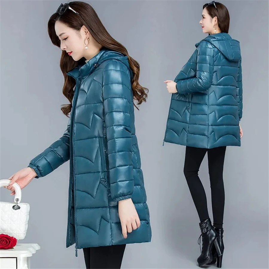 Oversized 6XL Glossy Mid-length Hooded Cotton Padded Coats Women Winter Warm Thick Parkas Snow Wear Overcoats Loose Outwear Top