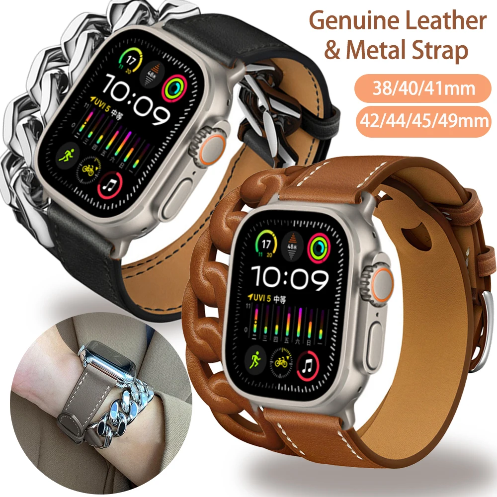 

Ремешок из натуральной кожи и металла для Apple Watch Ultra 2 Band Series IWatch9 8 7 6 Se, браслет для мужчин и женщин, Iwatch 49/45/44/42/41/40/38 мм