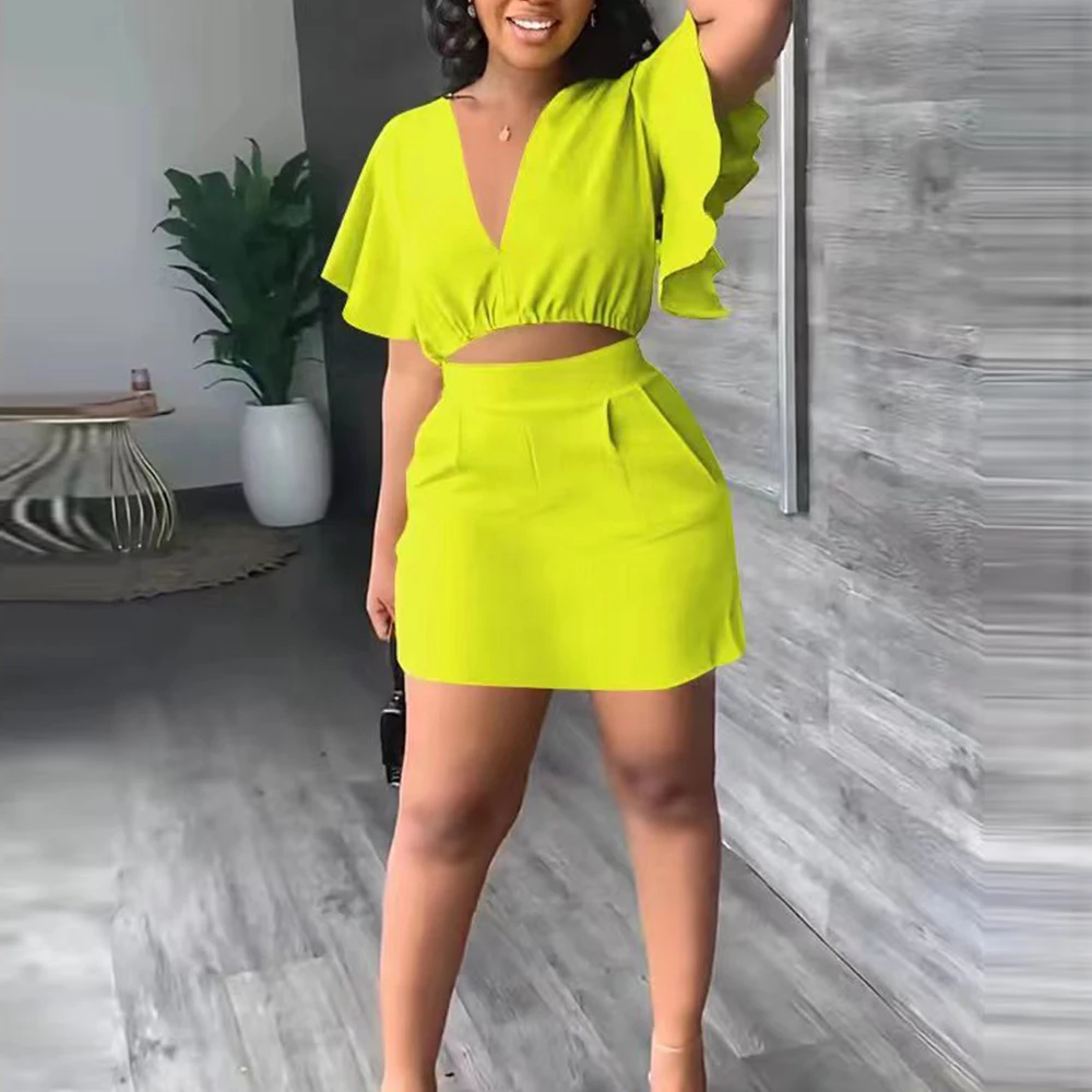 

Two Piece Sets for Woman Solid Sexy Short Skirt Set Outfits Ruffles Crop Tops Mini Skirt Suit Slim Bodycon New In Matching Set