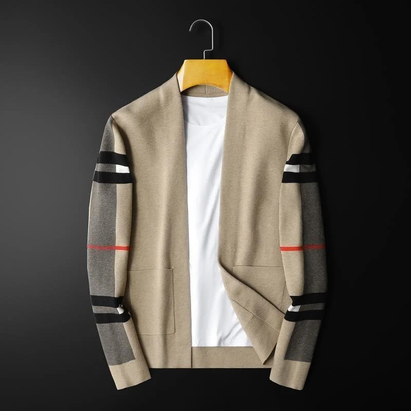 

2023 European and American Luxury Spring and Autumn Men's Classic Plaid Knitted Cardigan Sweater Casual Large Long Sleeve Jacket
