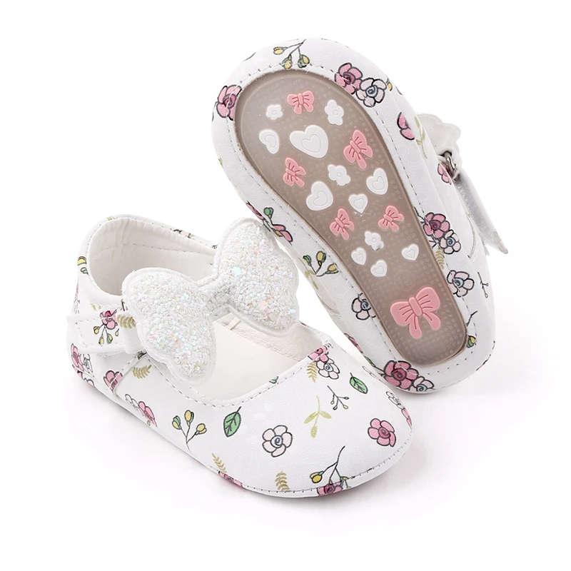 

Adorable Flower Print Sequin Bow PU Leather Flats for Baby Girls - Non-Slip Summer Princess Shoes Perfect for First Walkers by