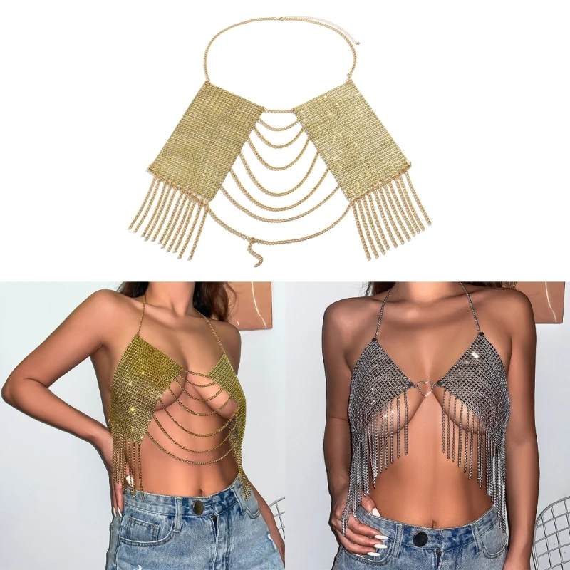 

Women Shining Crystal Body Chain Top Metallic Rhinestones Detail Fringe Trim Halter Harness Bra Chain Party Outfits