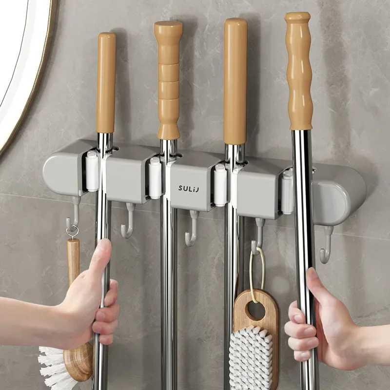 

Mounted Bathroom Holder Mop Hanger Multi-functional Kitchen Shelf Wall Hanging Home Traceless Pipe Hooks Broom Storage Suction