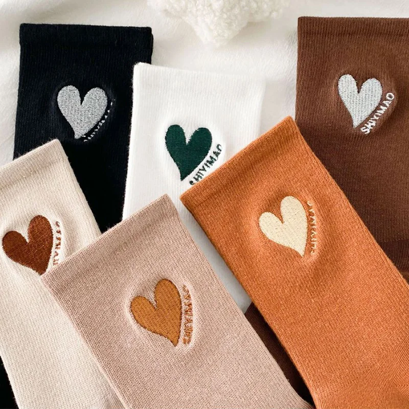 6 Pairs Socks For Women Christmas Gift Embroidered Heart Cotton Socks Korean Streetwear Winter Long Socks Woman Harajuku Style