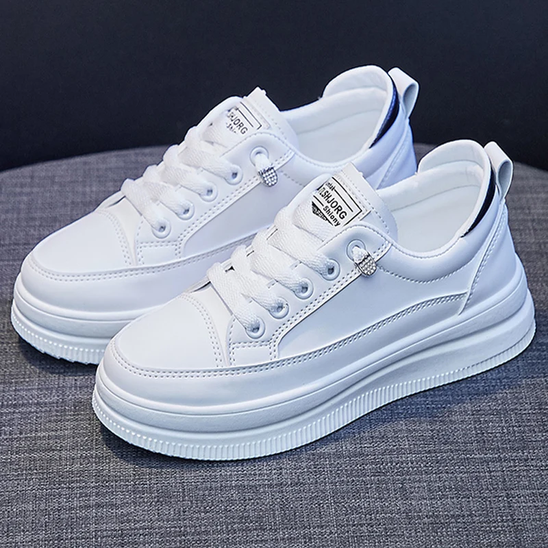 

Женские массивные кроссовки, Вулканизированная подошва, на шнуровке, повседневная кожаная обувь на платформе, белые, на весну