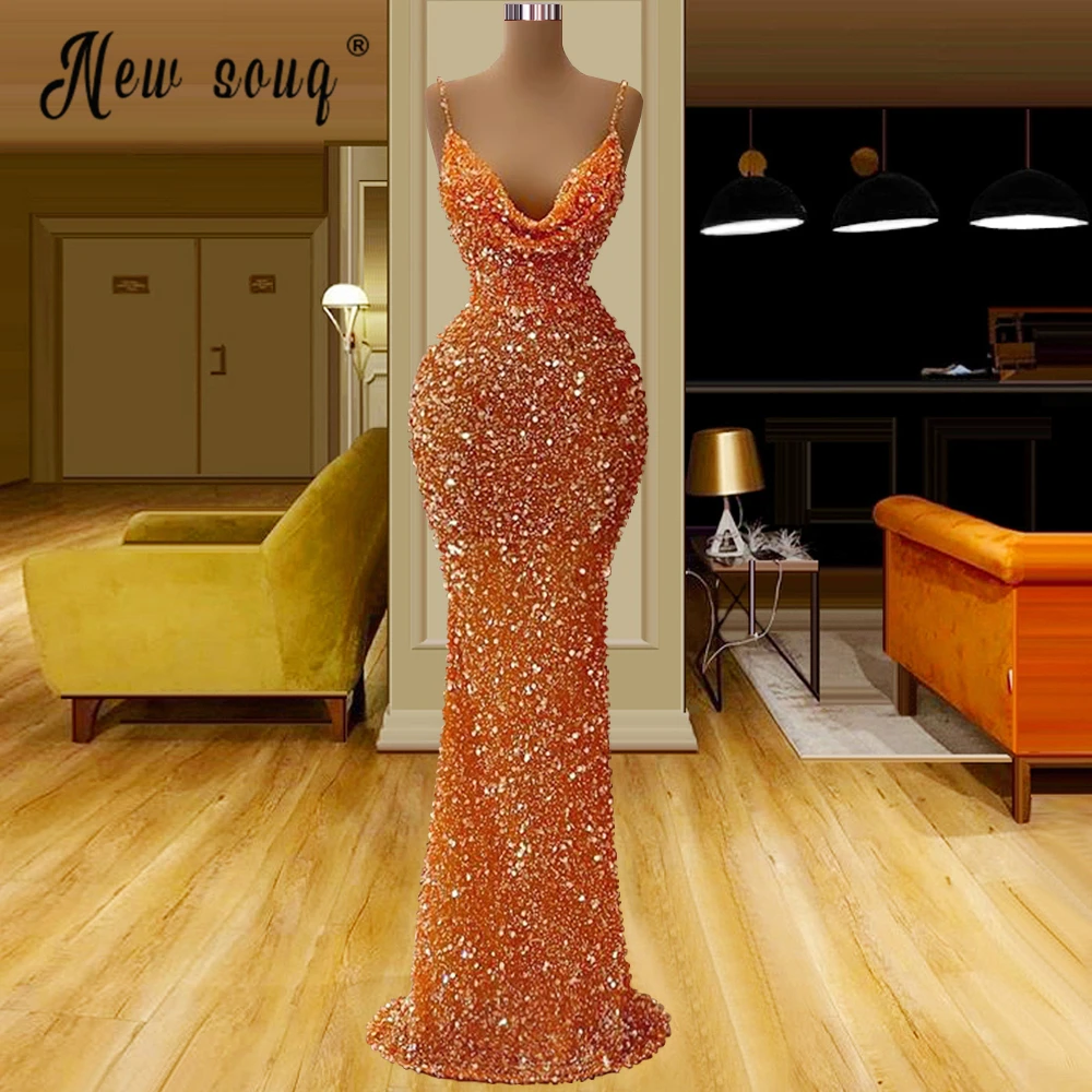 

Orange Sequined Beaded Mermaid Evening Dresses 2022 New Arrival V Neck Prom Party Gowns Celebrity Dresses Customized Formal Gown