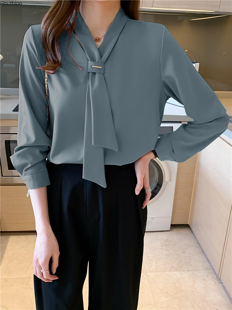 

Poplin Women's Blouses Fashion Long Sleeve Top New Casual Solid Color Bow Tie Shirt