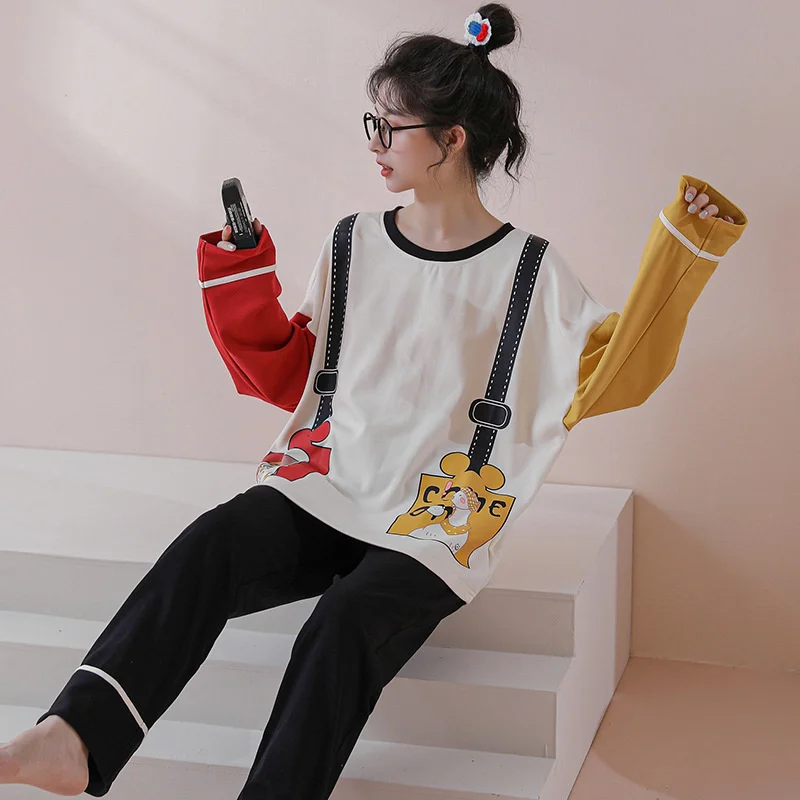 2022 spring and autumn new style pajamas women's cotton long sleeve  sweet simple round neck suit home clothes can be worn out