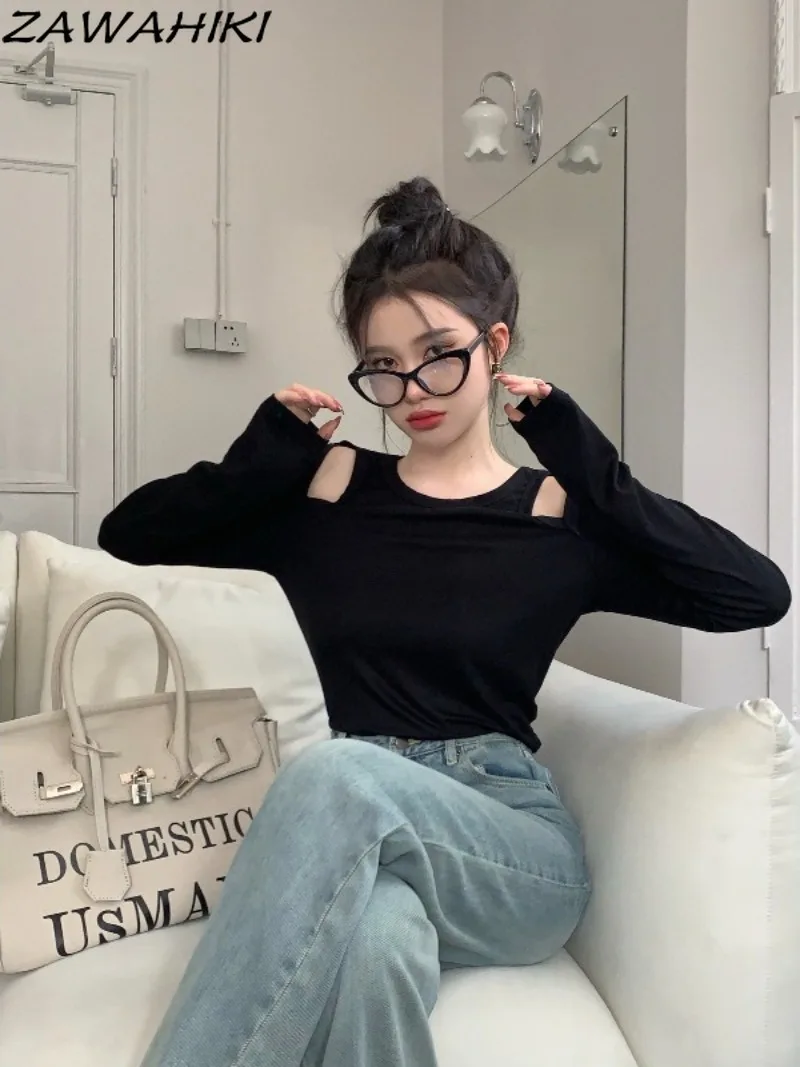 

Белая темпераментная имитация двух частей с вырезами, Женская Осенняя тонкая Минималистичная Однотонная футболка Y2K в стиле эстетики