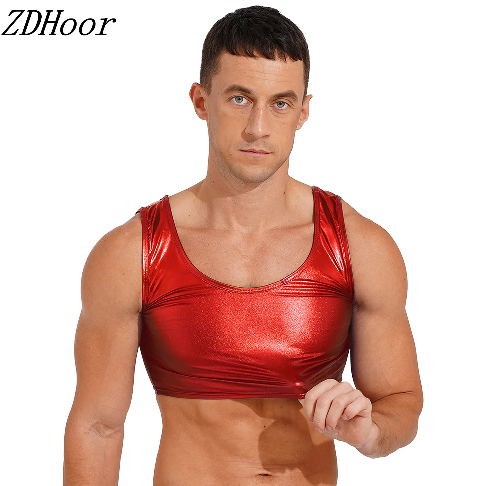 

Mens Fashion Shiny Metallic Scoop Neck Tank Crop Top Sleeveless Vest Tank Top Party Clubwear