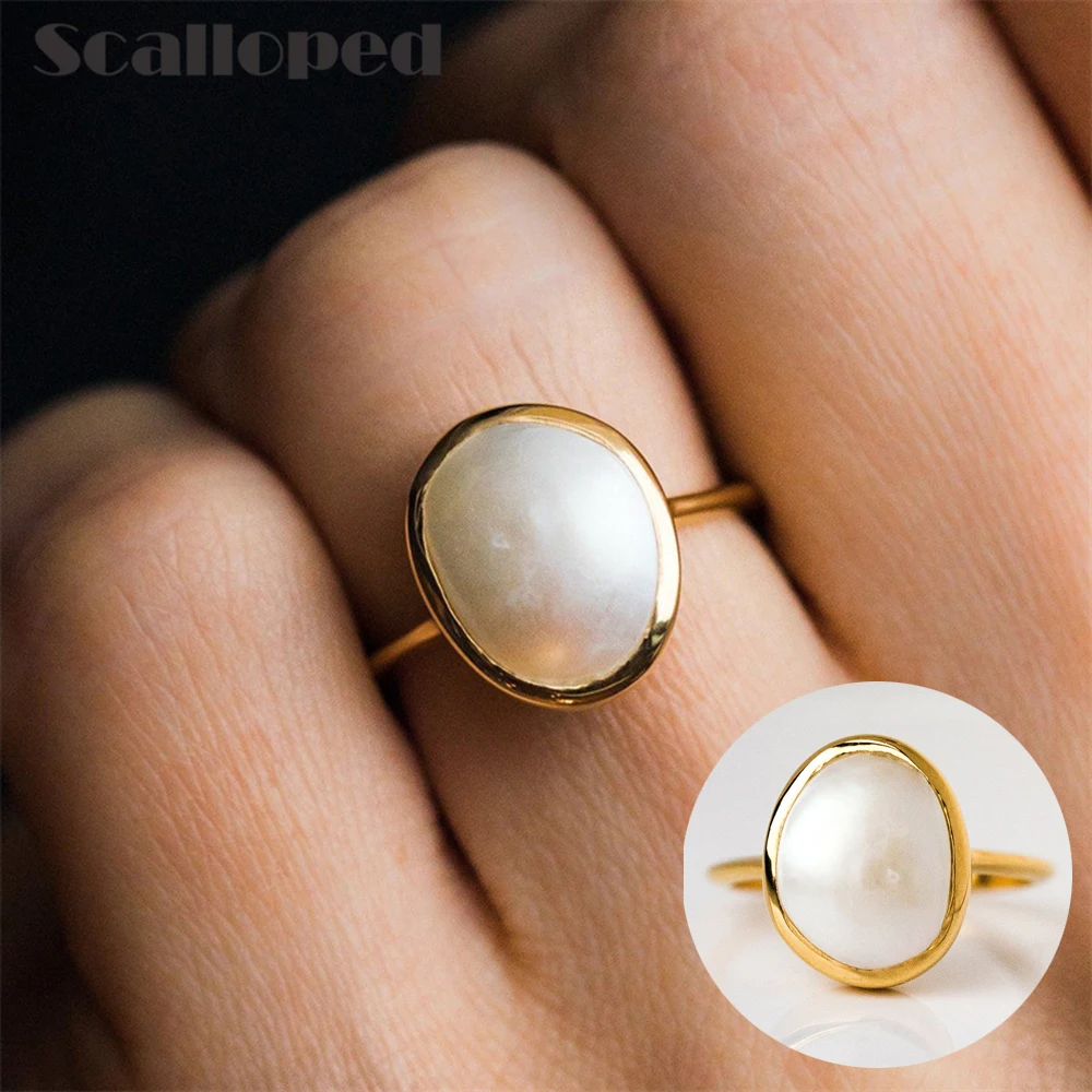 

SCALLOPED Baroque Pearl Rings Woman 18K Gold Plated Stainless Steel Accessories Temperament Lady Party Jewelry Gifts