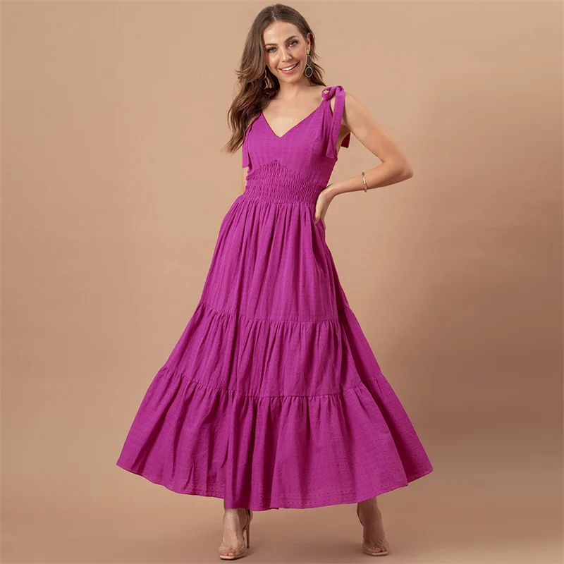 

2022 Beach Party Dancing Party Outdoor Activity Stylish Lady Ankle-length Dress Summer V-neck Huge Hemline Tank Dress 5Colors