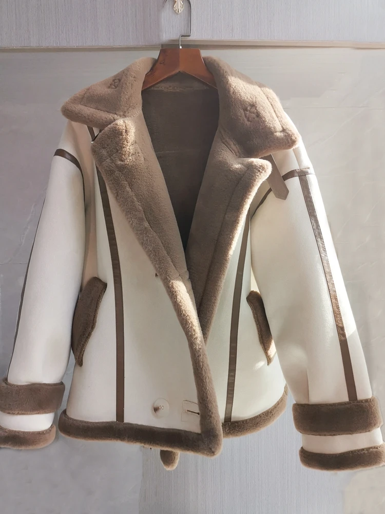 Deerskin Velvet Faux Lamb Fur Coat Women Fleece-lined Thickened Integrated 2024 Winter New Motorcycle Clothing Cotton-pad...