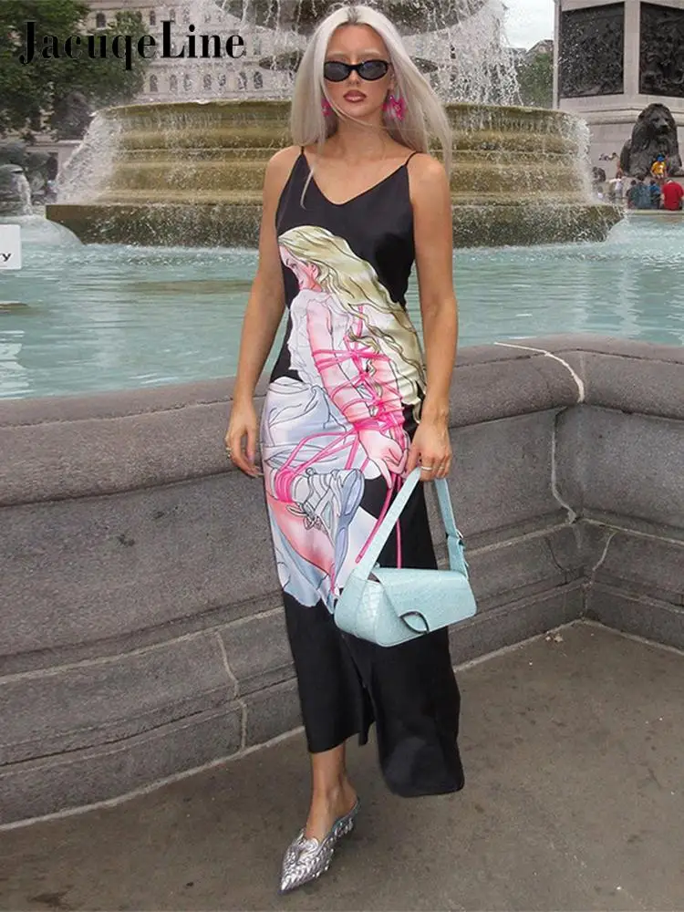

Jacuqeline Sexy Backless Anime Printed Long Dress Women Black Satin Sleeveless Sling Fashion Party Maxi Dresses