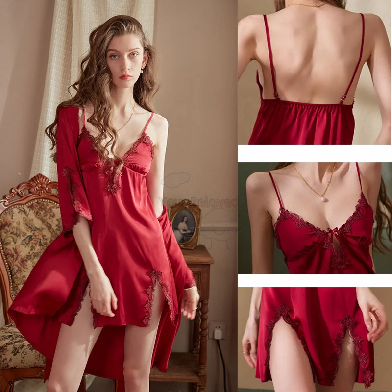 

Sexy Split Kimono Bathrobe Backless Spaghetti Strap Nightgown Women Satin V-Neck Robe Set Sleepwear Loose Silk Satin Home Wear