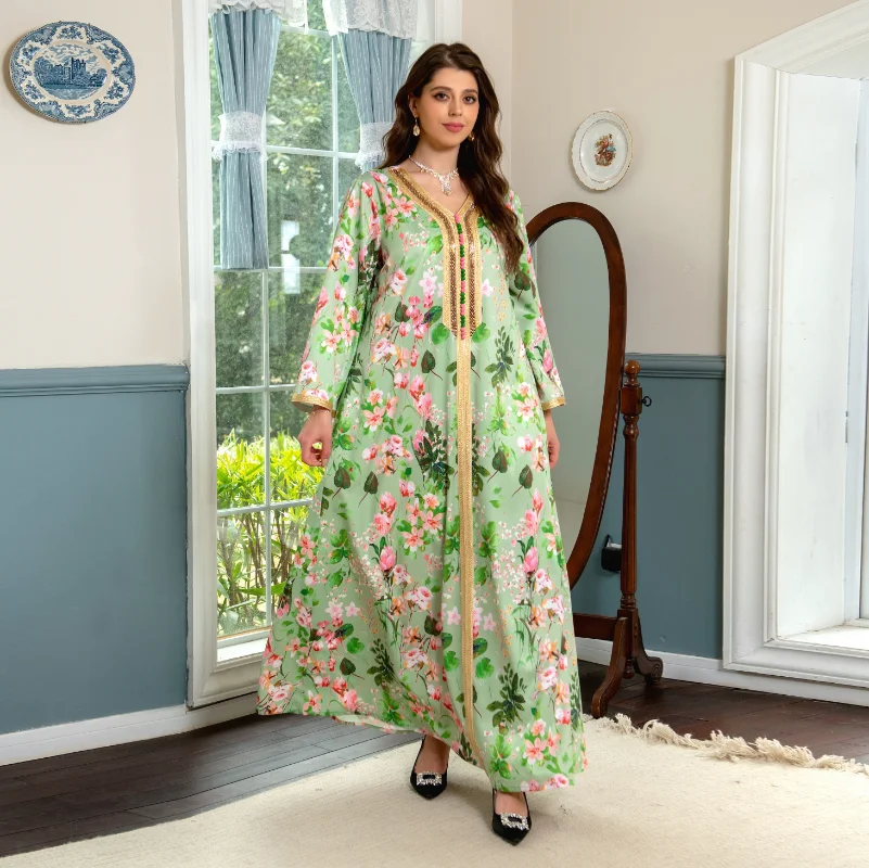 Abaya Dress 2023 Spring Summer Muslim Women Long Sleeve V-neck Polyester Printing Long Abaya Muslim Fashion Dress