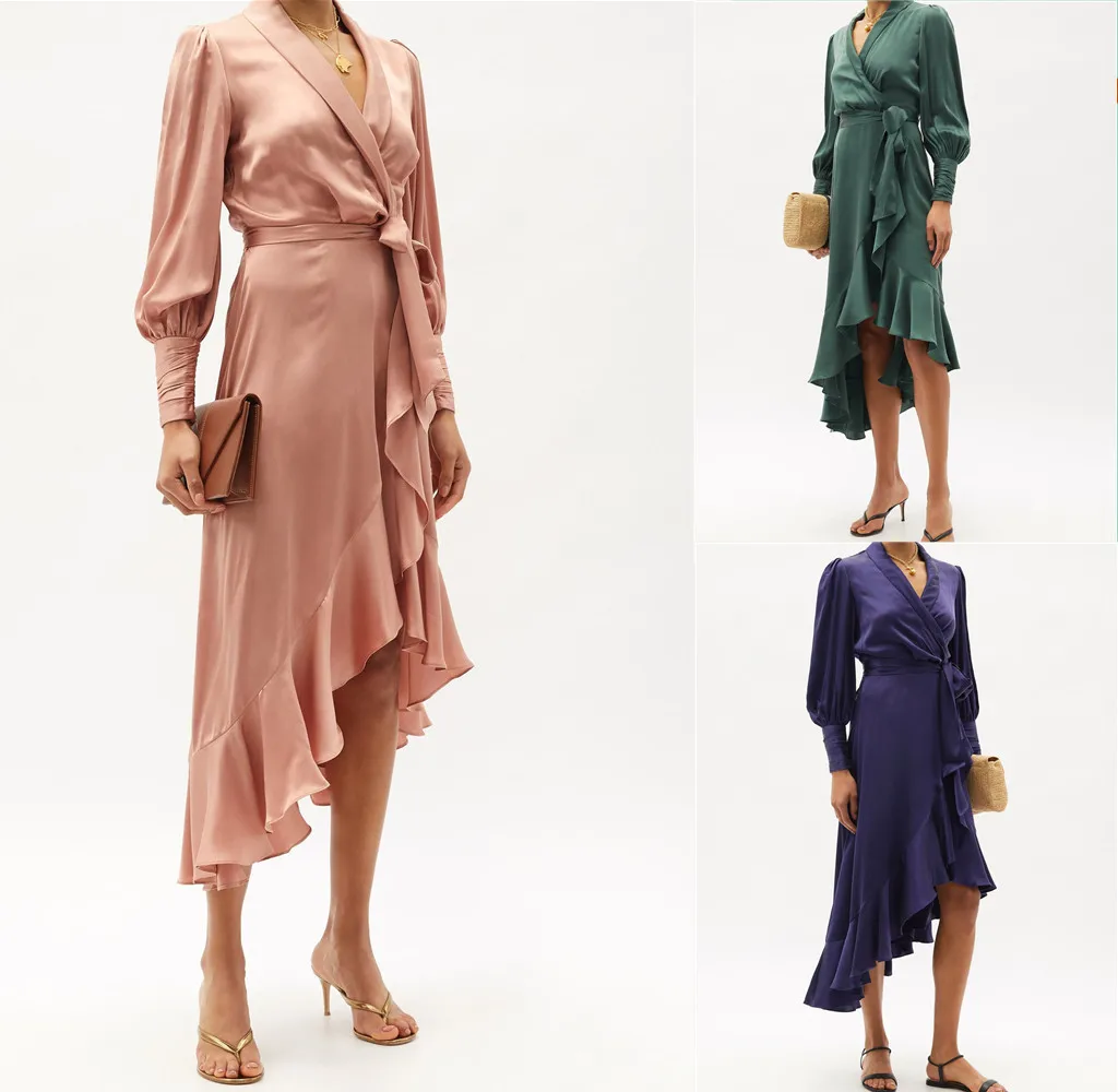 

Summer Women's Solid Ruffle Dress Casual V-neck High Waist Midi Dresses 2022 Spring Fashion Ladies Loose Boho Style