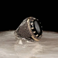 vintage handmade turkish signet rings for men metal two tone carved black zircon punk motor biker ring jewelry