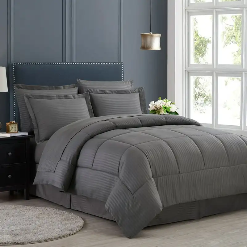 

Stripe Bed In A Bag 8 Piece Comforter Sheet Bed Skirt Sham Set Queen - Gray Demon slayer plush Pedro pascal Witchy Kuromi Bed se