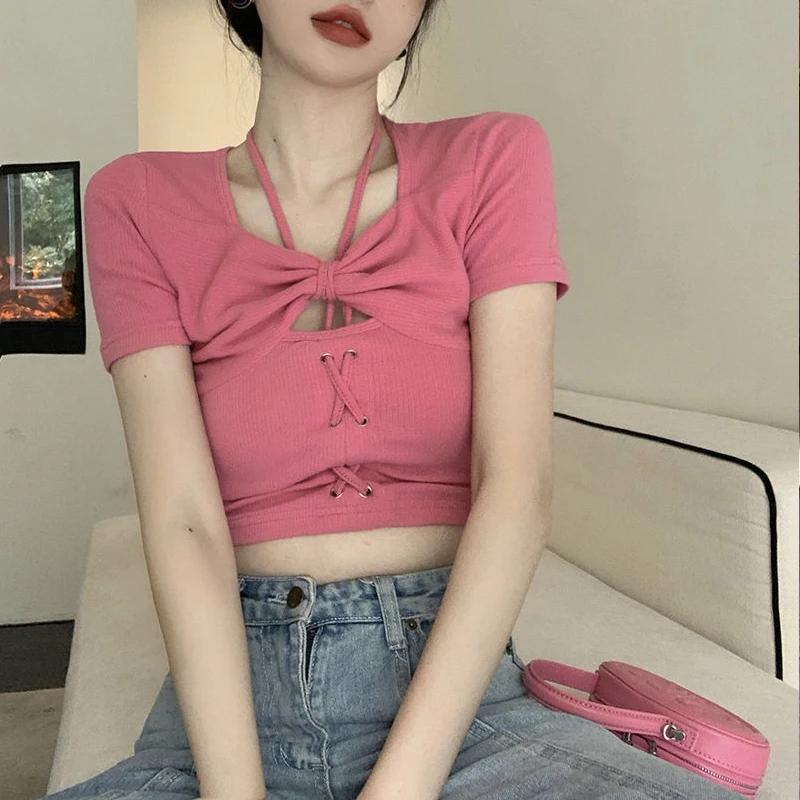 

Y2K Girls Bow Hollow Out T-shirts Women Summer New V-neck Drawstring Slim Short Sleeve Crop Tops Female