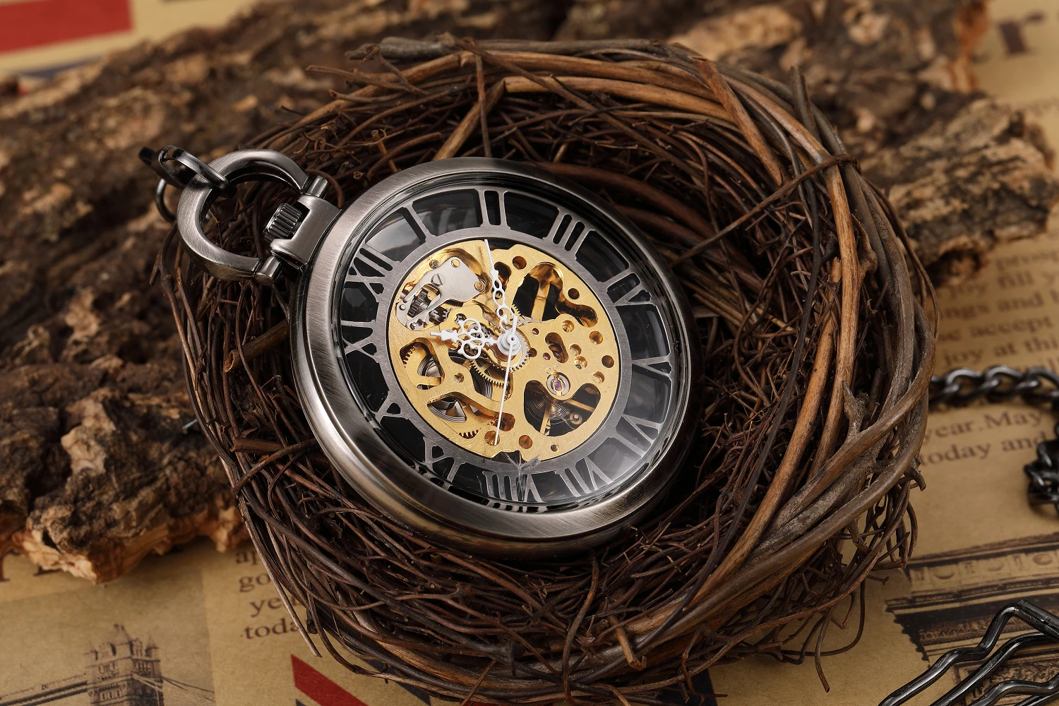 Hand-WInd Mechanical Luxury Pocket Watch Hollow Steampunk Men Watches Roman Numerals Clock With Fob Chain With Box Reloj Hombre