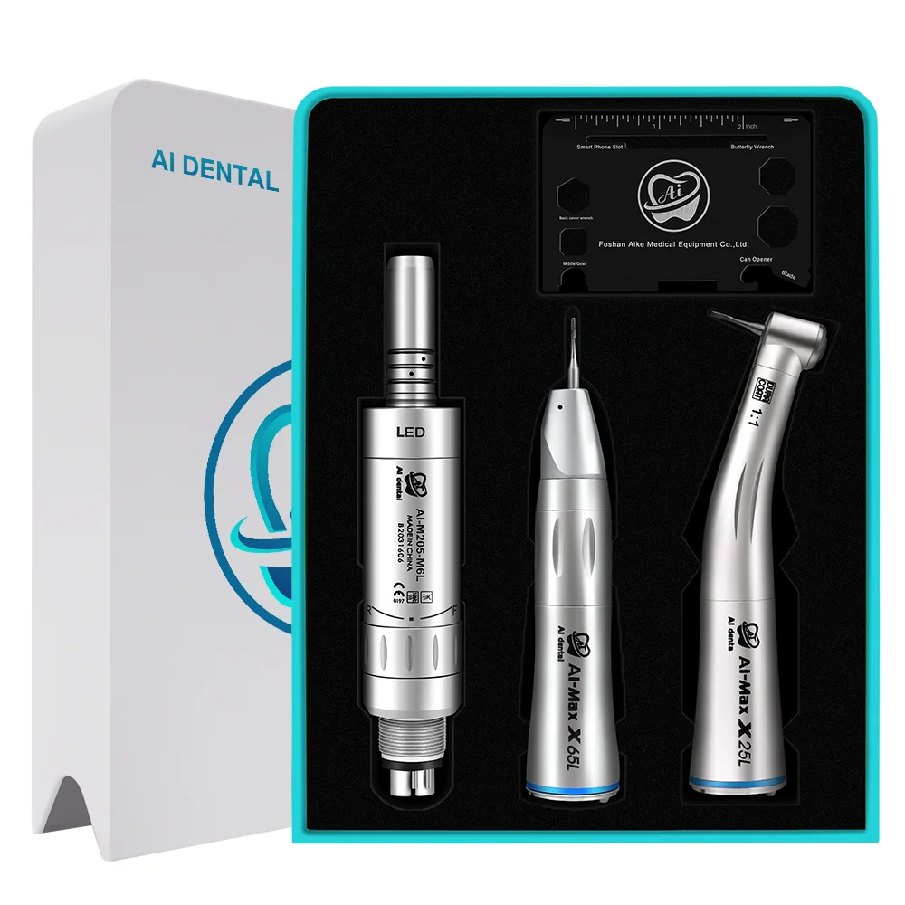 

Dental Equipment AI-S3-M205M6LS Low Speed Handpiece Set Straight Contra Angle Hand Piece With 6 Holes LED Air Motor Kit