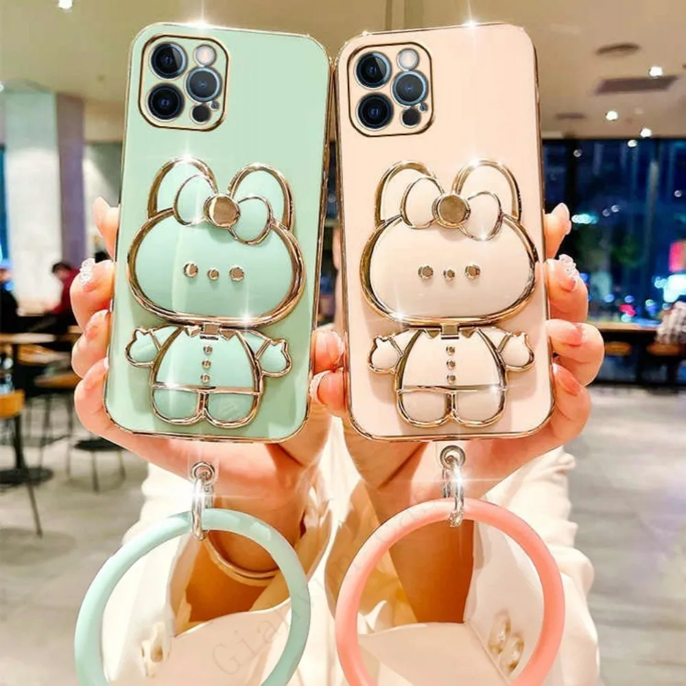 

Bowknot Rabbit Mirror Holder Plating Phone Case For iPhone 14 13 12 11 Pro MAX Mini + Plus 7 8 X XS XR Soft Back Cover