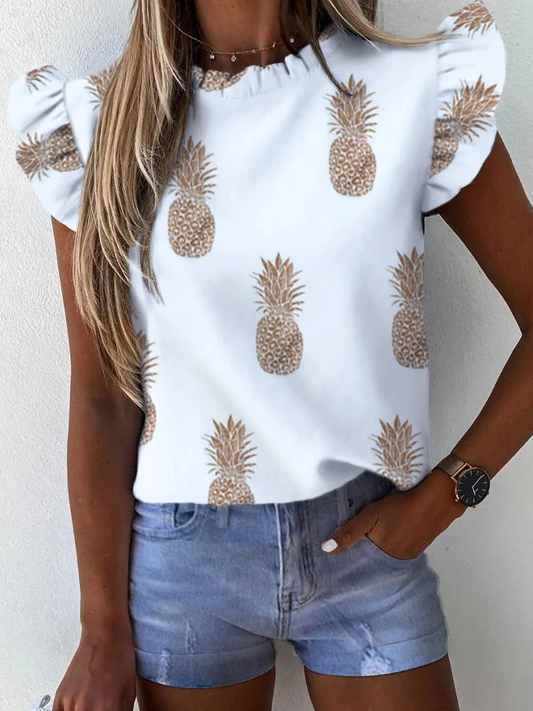 

Summer Ruffled Short-sleeved Round Neck Pineapple Print Women's Top Fashion Temperament Loose Style Women's Short-sleeved