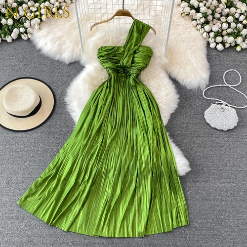 

N GIRLS2022 Fashion Halter Neck Tube Top Strapless Pleated Dress Women High Waist Large Hem Maxi Dresses Woman Sexy Vestido