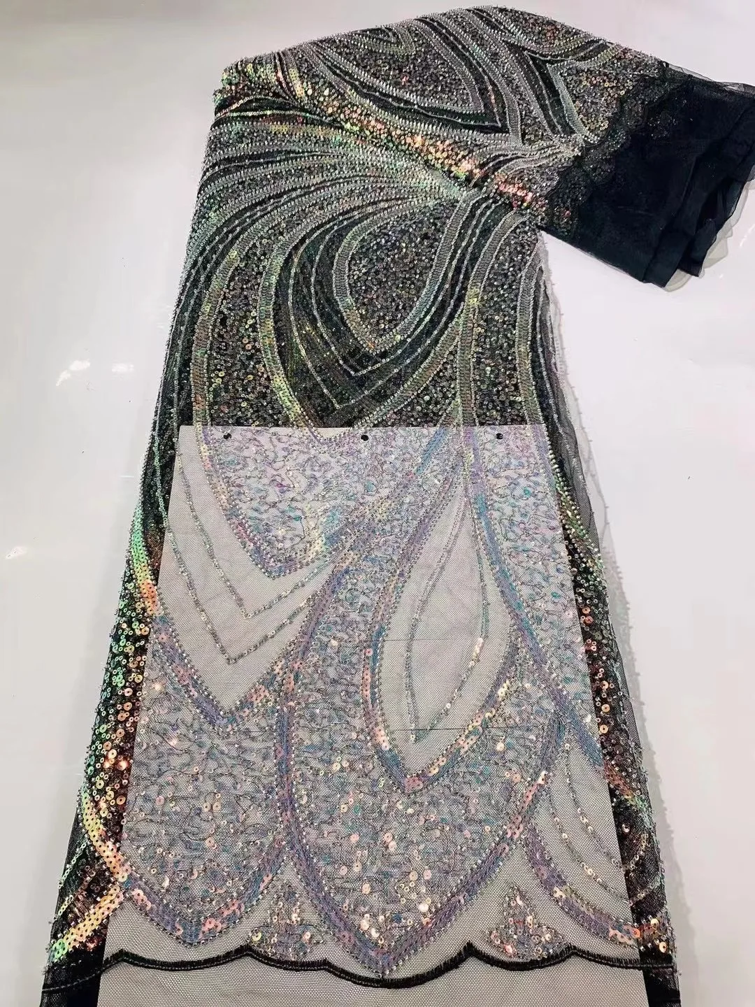 

2022 черная роскошная кружевная ткань с блестками 5 ярдов, Высококачественная африканская бисерная Тюлевая ткань, кружево с вышивкой для свад...