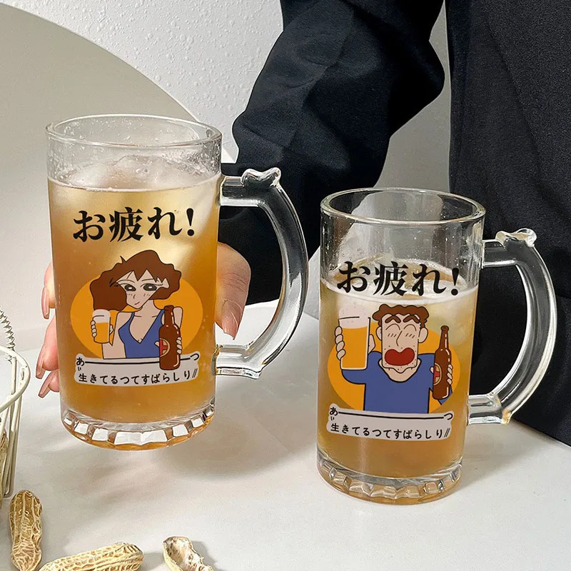 Фото Милая стеклянная пивная кружка Crayon Shin-chan Family, 500 мл, большая емкость, для домашнего бара, декор для рабочего стола, подарки №1