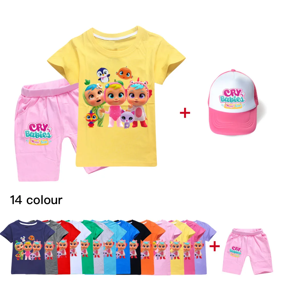 

2-16Years Cry Babies Children 3D Clothes Cartoon printed 2pcs suit with Caps Summer Boys Girls Casual Kids Fashion Costume