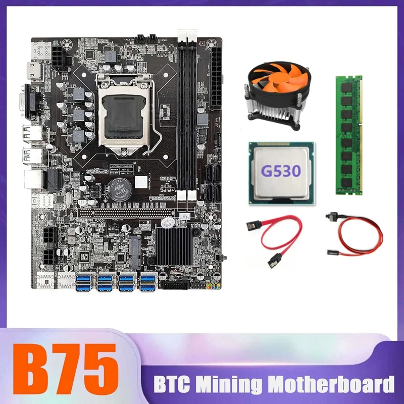 

B75 BTC Miner Motherboard 8XUSB+G530 CPU+DDR3 8G 1600Mhz RAM+CPU Cooling Fan+SATA Cable+Switch Cable USB Motherboard