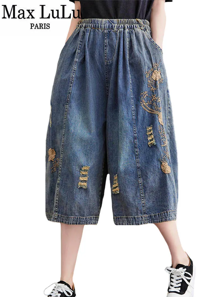 

Max LuLu Vintage Streetwear 2022 Summer Chinese Style Woman Ripped Holes Jeans Wide Leg Punk Trousers Elastic Casual Harem Pants