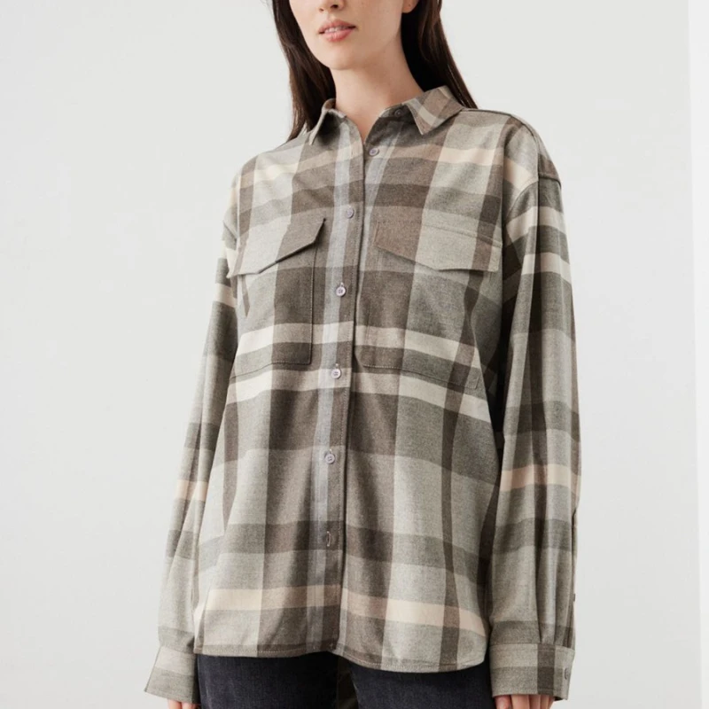 Lapel Color-block Plaid Print Shirt For TOTEME 2022 New Commuter Long-sleeved Loose Straight Plaid Lining Women