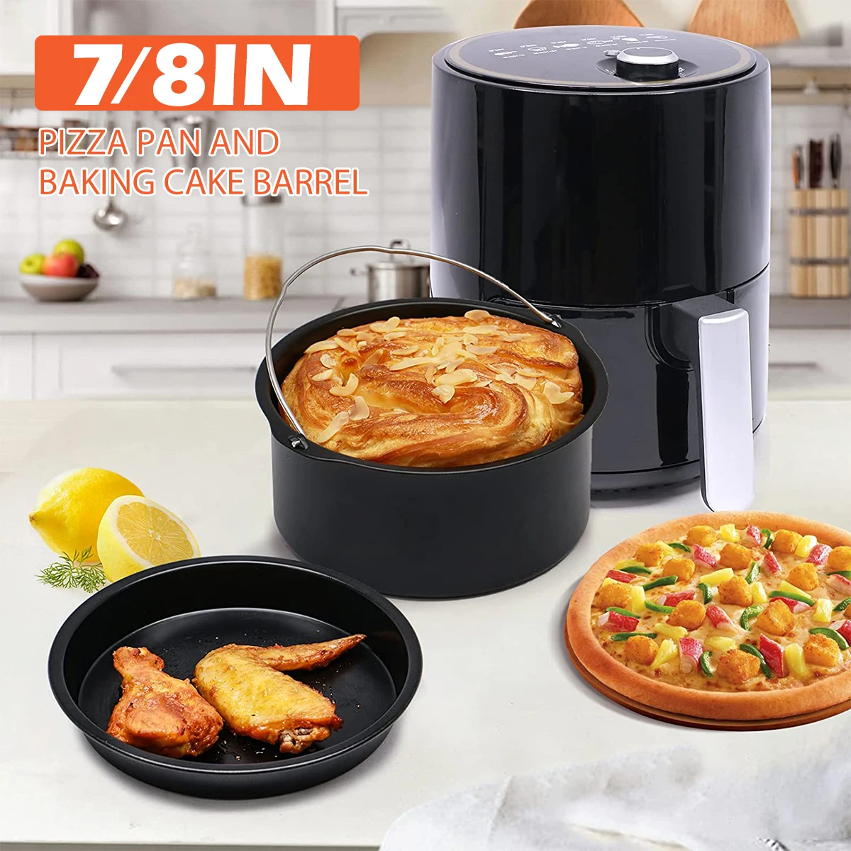 

2Pcs Air Fryer Accessory Durable Air Fryer Pizza Pan and Baking Cake Barrel with Non-Stick Coating Round Baking Cake Pan Set