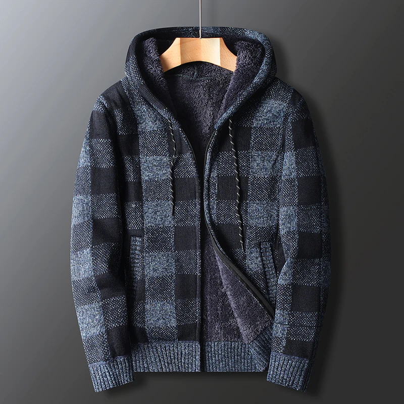 Men's Autumn and Winter Fleece Thickened Sweater Knitted Plaid Cardigan Coat Long-sleeved Hooded 5 Colors New Casual Loose