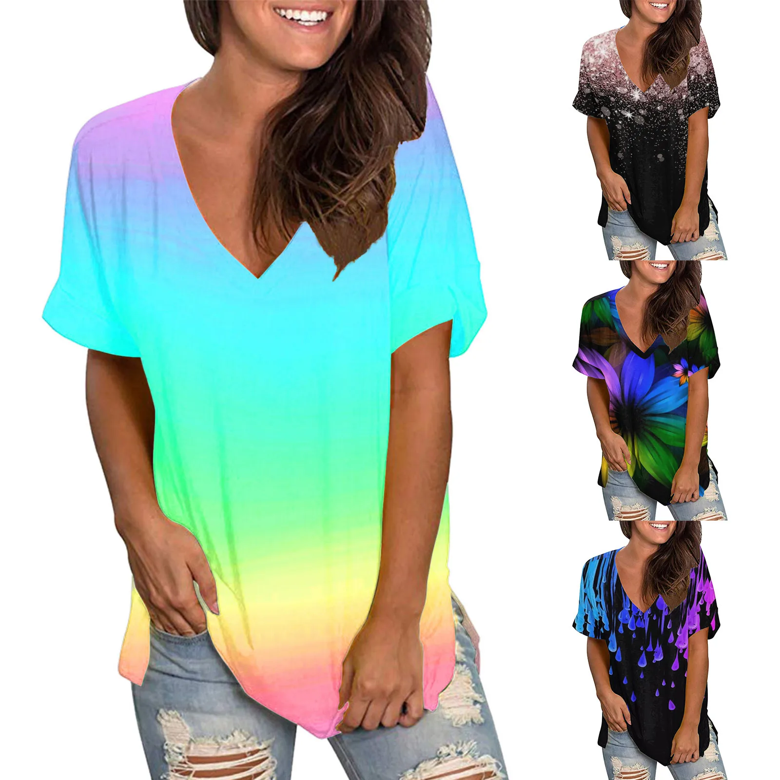 

Футболка женская оверсайз с цветочным принтом, стильная Стильная туника с коротким рукавом, с V-образным вырезом, с Боковым Разрезом, больши...