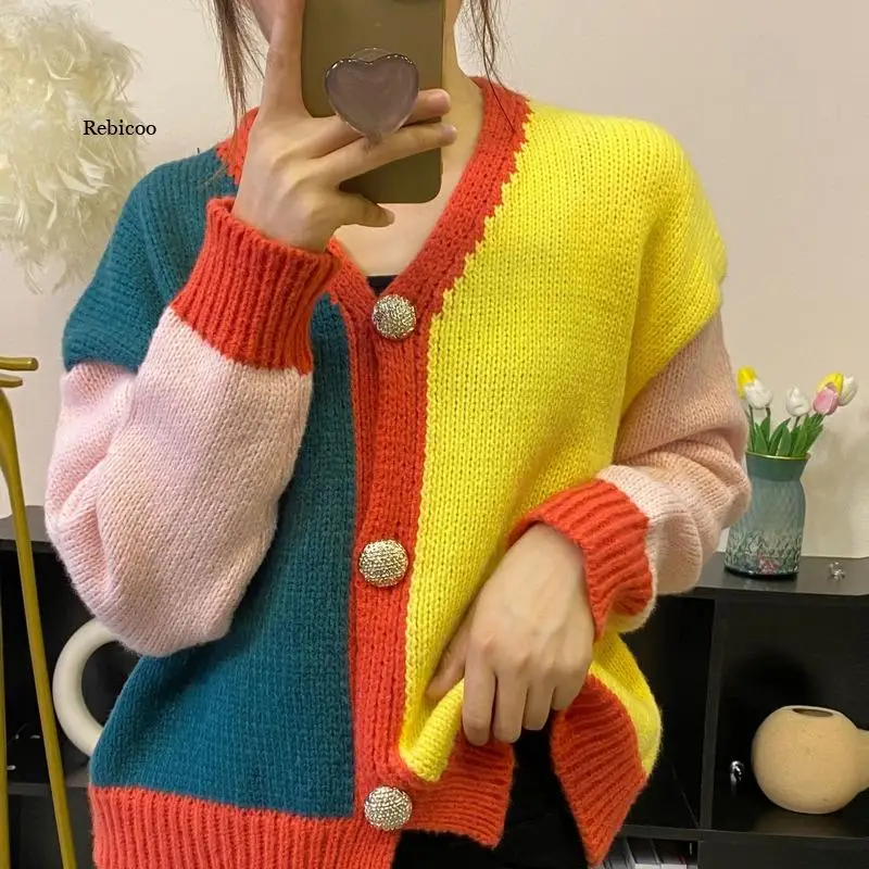 

Lazy Style Contrast Color Sweater Cardigan Women 2022 Autumn V-Neck Knitted Sweater Loose Long Sleeve Woman Sweters Top