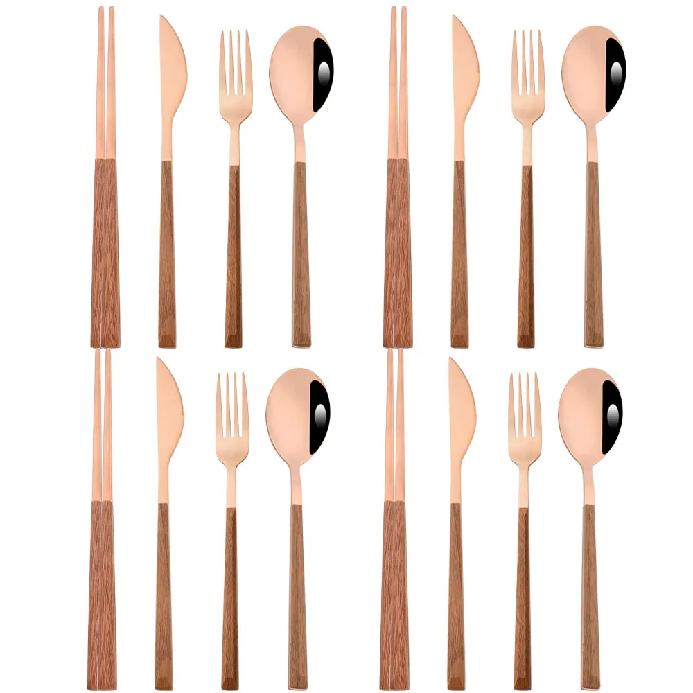 

16Pcs Brown Rose Dinnerware Set Stainless Steel Cutlery Dinner Spoons Fork Chopsticks Wooden Handle Tableware Kitchen Silverware